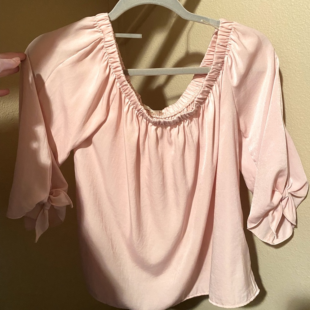 Pink off shoulder blouse with bow sleeves